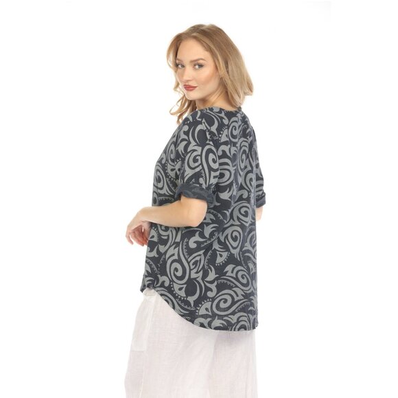 Navy Spiral Print V-Neck Button Detail Top - Picture 3 of 9